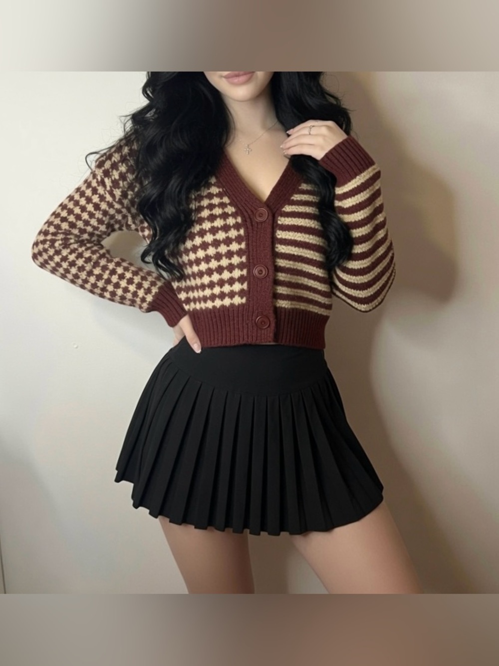 Cropped Alt Multi Patterned Striped Essential Stylish Button Cardigan - Brown